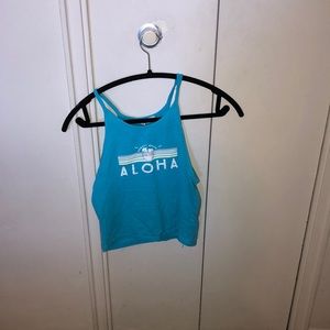 Blue crop top that says aloha